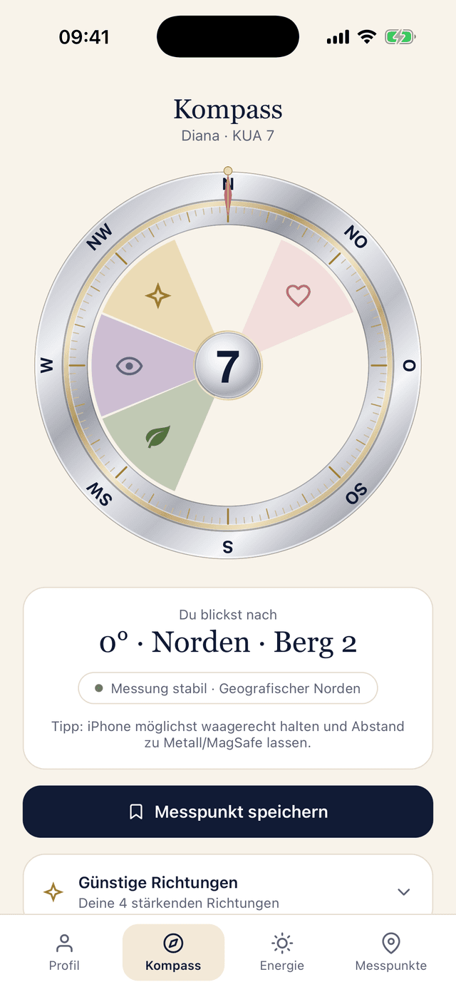Kompass-Ansicht der 24 Mountains App